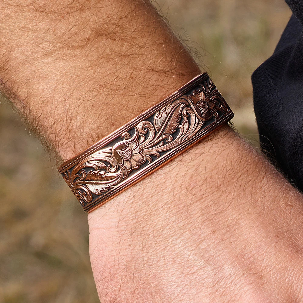 Bc2598c-bk Burnished Leathercut Floral Cuff Bracelet By Montana Silversmiths 2 Bc2598c-bk Burnished Leathercut Floral Cuff Bracelet By Montana Silversmiths - Image 2