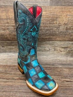 8139350060b Women's Patchwork Black And Teal Square Toe Boot By Ferrini