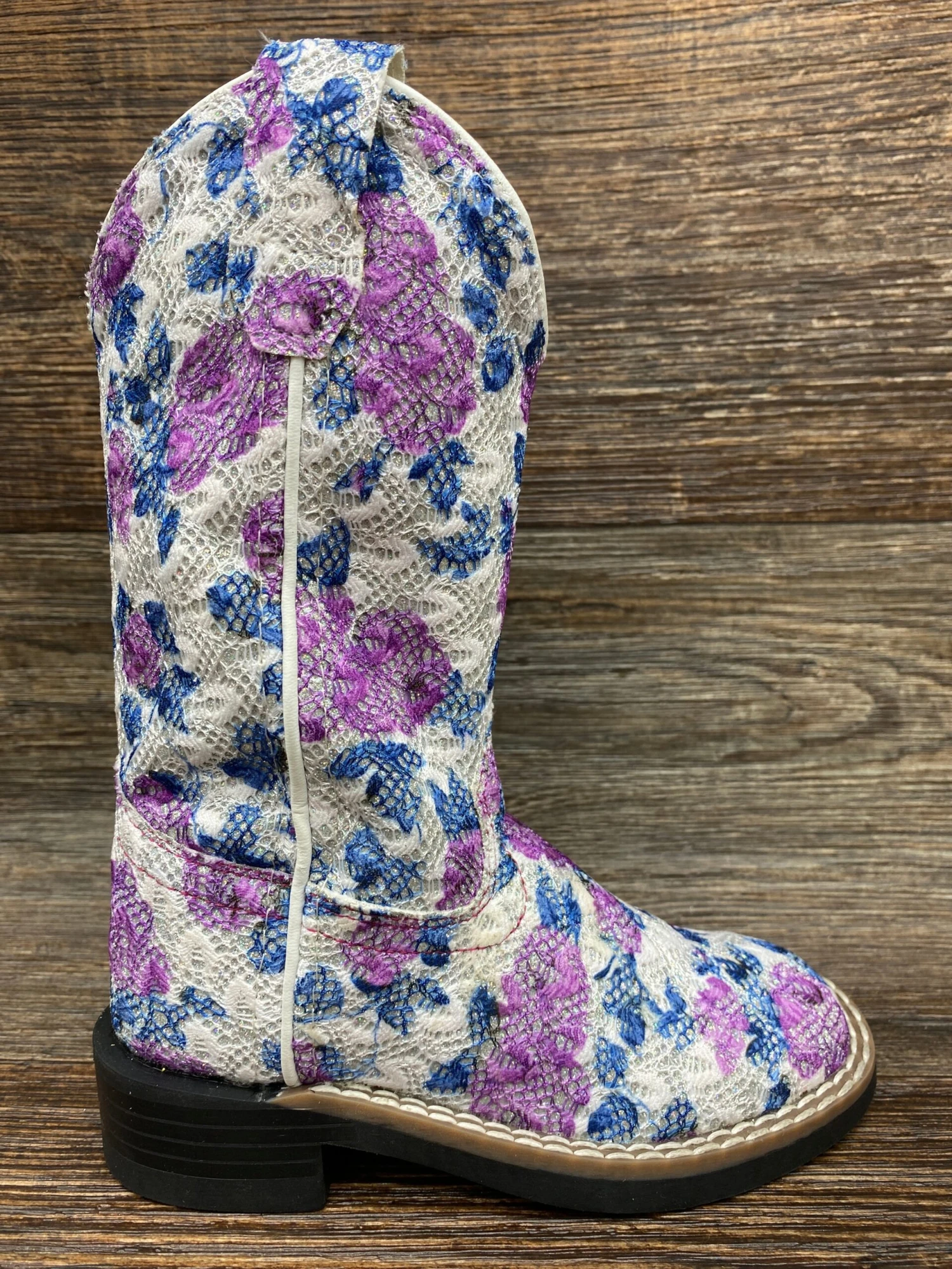 Vb9151 Girl's Square Toe Western Boots - Flower Print Knit With Glitter Underlay By Jama Old West 1 Vb9151 Girl's Square Toe Western Boots - Flower Print Knit With Glitter Underlay By Jama Old West