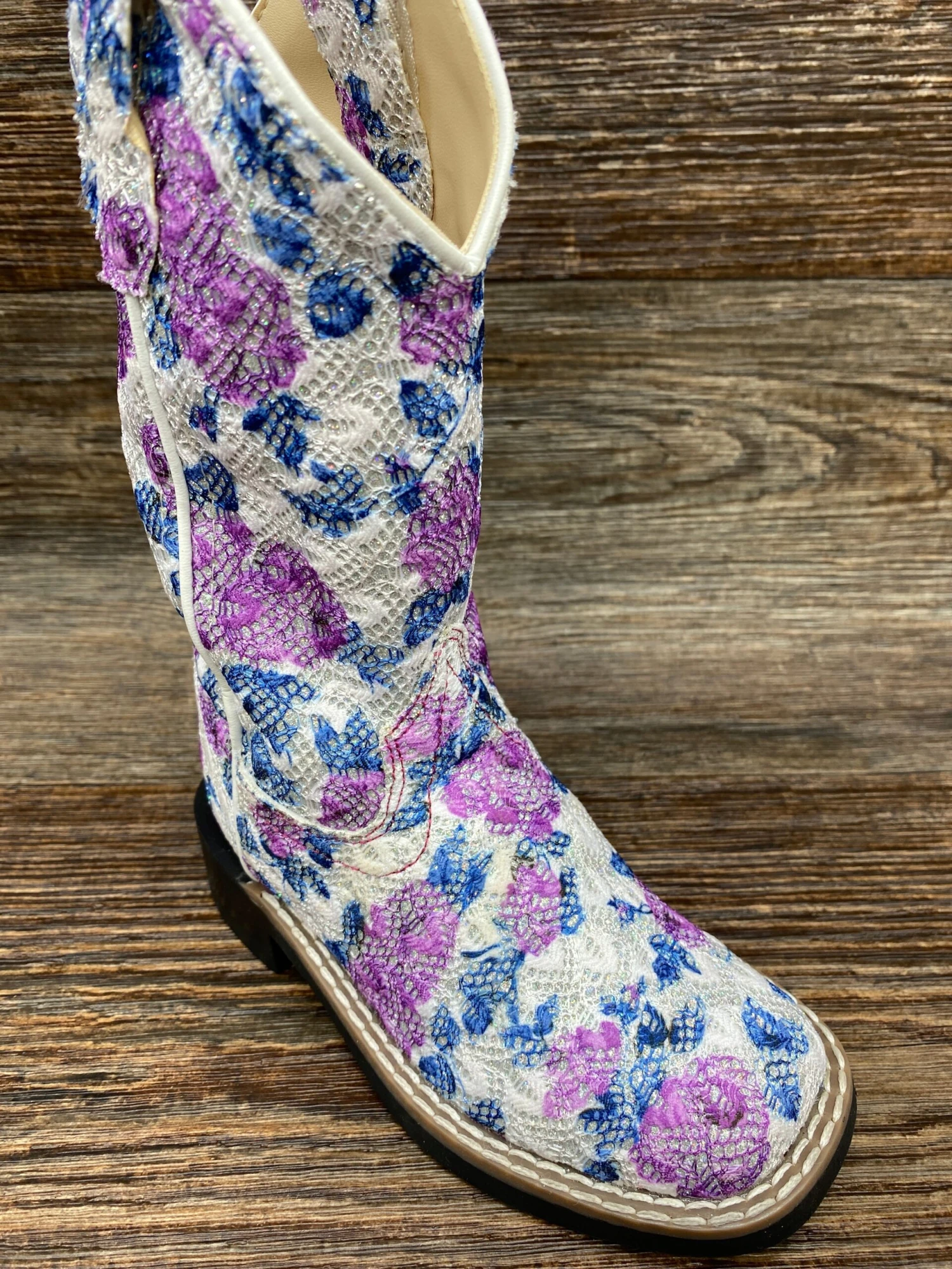 Vb9151 Girl's Square Toe Western Boots - Flower Print Knit With Glitter Underlay By Jama Old West 2 Vb9151 Girl's Square Toe Western Boots - Flower Print Knit With Glitter Underlay By Jama Old West - Image 2