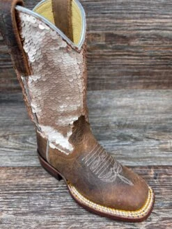 Mk9153 Kid's Bison With Reversible Sequin Top Square Toe Western Boot By Macie Bean